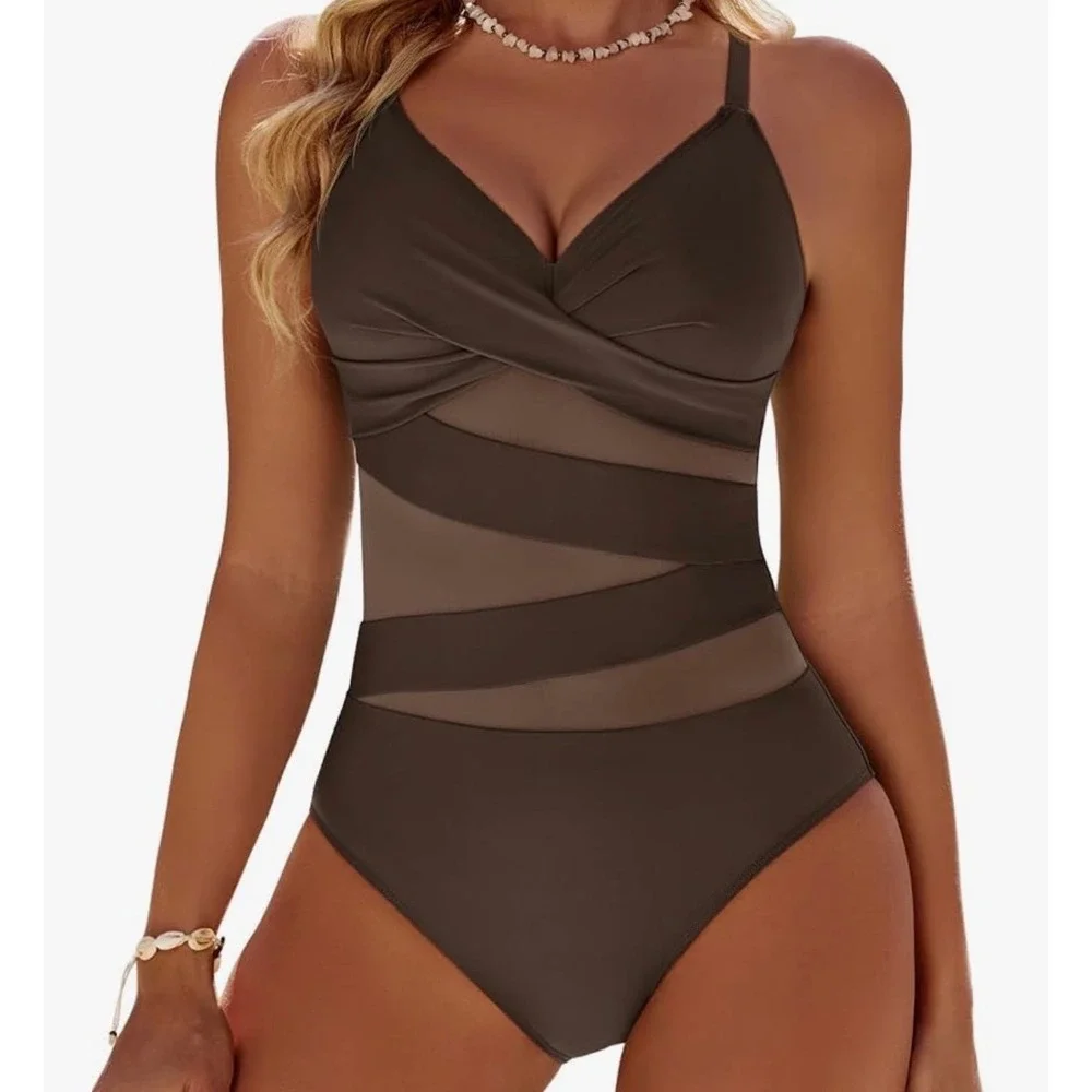 Dridreo Womens Brown Mesh Panel Twist Front One Piece Swimsuit NWT
